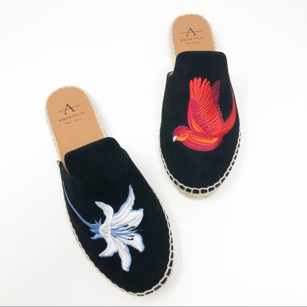 Aquatalia Blair Black Espadrille Embroidered Mule